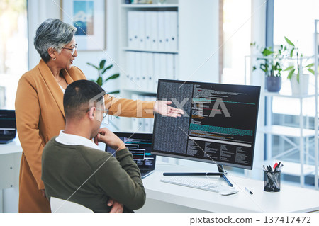 Help, manager and employee with computer screen, programming and code with trading, coaching and mentor. Advice, supervisor and worker with pc, coding and cyber security with programmer and training Help, manager and employee with computer screen, programming and code with trading, coaching and mentor. Advice, supervisor and worker with pc, coding and cyber security with programmer and training 137417472