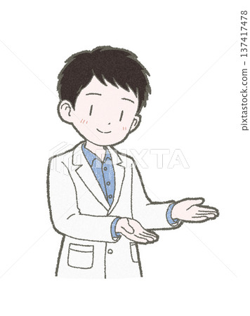 手繪插圖,描繪了一位身穿白大褂的男性醫務人員雙手做出建議的情景。 手繪插圖,描繪了一位身穿白大褂的男性醫務人員雙手做出建議的情景。 137417478