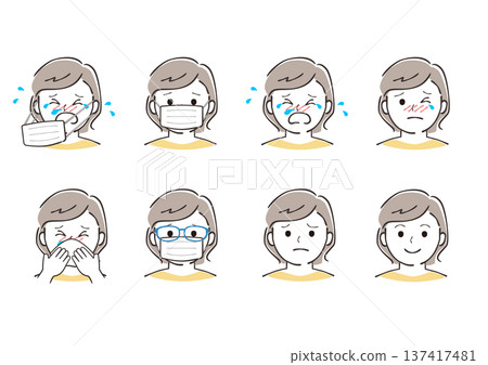 插圖描繪了女性因花粉症等引起的面部表情 插圖描繪了女性因花粉症等引起的面部表情 137417481