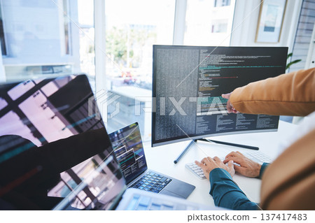 Closeup, manager and worker with computer screen, programming or training with trading, coaching or mentor. Advice, supervisor or employee with pc, coding or cyber security with programmer or fintech Closeup, manager and worker with computer screen, programming or training with trading, coaching or mentor. Advice, supervisor or employee with pc, coding or cyber security with programmer or fintech 137417483
