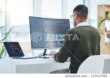 Programmer, technician man and computer for coding, software script or cyber security in office. Behind IT engineer person with technology for programming, future and data analytics or innovation Programmer, technician man and computer for coding, software script or cyber security in office. Behind IT engineer person with technology for programming, future and data analytics or innovation 137417485