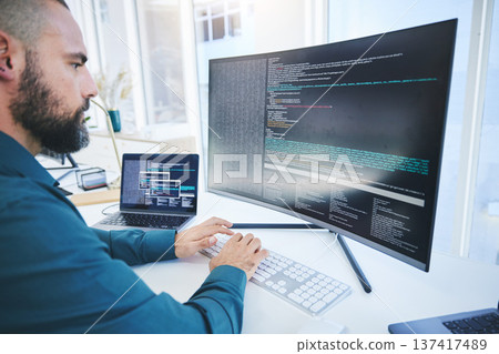 Programmer, technician man and computer code for software script or cyber security in office. IT engineer or developer person with technology for programming, future and data analytics or coding 137417489