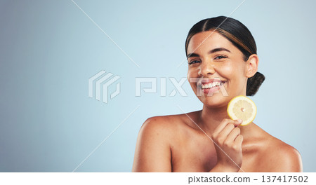 Portrait, lemon and happy woman in studio for skincare, wellness or organic, beauty or skin detox on grey background, Fruit, smile and face of lady model with citrus facial for collagen or anti aging Portrait, lemon and happy woman in studio for skincare, wellness or organic, beauty or skin detox on grey background, Fruit, smile and face of lady model with citrus facial for collagen or anti aging 137417502