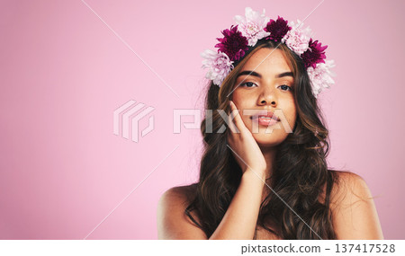 Woman, flowers and portrait with crown on pink background for natural beauty, skincare and mockup space in studio. Face, model and floral hair band for sustainability, eco dermatology and cosmetics 137417528