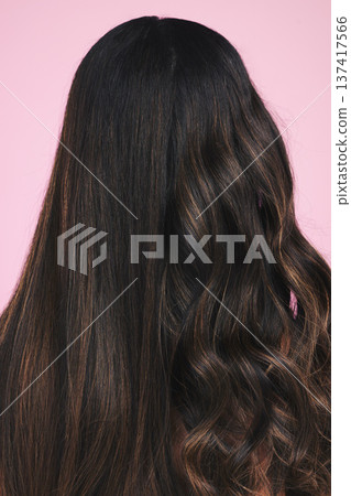 Hair, beauty and back of woman in studio for cosmetic, comparison or before after results on pink background. Haircare, repair and model with shine, glow and healthy growth, volume or keratin texture 137417566