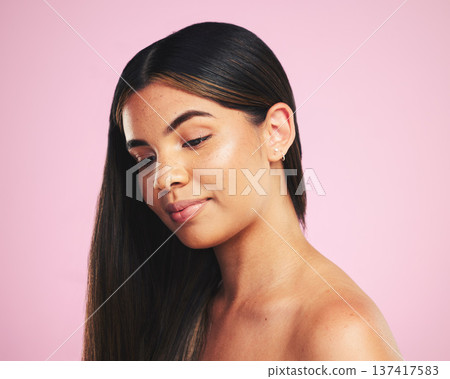 Thinking, hair care and woman with cosmetics, growth and dermatology on a pink studio background. Ideas, person and female with volume, aesthetic or luxury with makeup, natural beauty or healthy skin Thinking, hair care and woman with cosmetics, growth and dermatology on a pink studio background. Ideas, person and female with volume, aesthetic or luxury with makeup, natural beauty or healthy skin 137417583