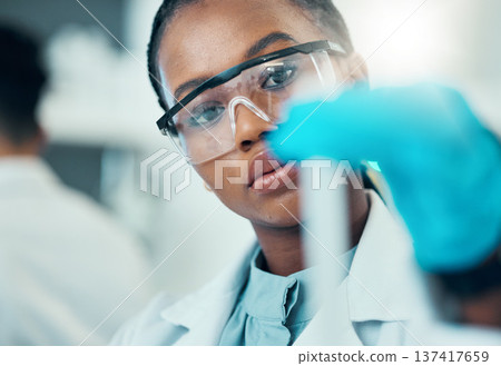 Science, study and black woman with test tube in laboratory, medical engineer and results. Biotechnology, pharmaceutical and research, scientist or lab technician checking vaccine solution in glass. 137417659