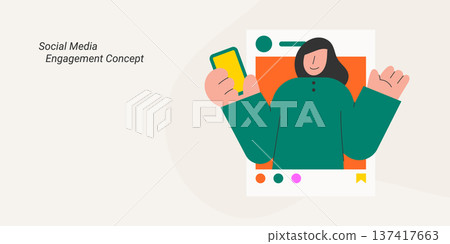 Social media engagement concept with woman taking selfie with smartphone. Flat design vector illustration for social media, content creation and online engagement concepts. Social media engagement concept with woman taking selfie with smartphone. Flat design vector illustration for social media, content creation and online engagement concepts. 137417663