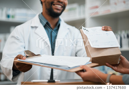 Pharmacist hands, checklist and medicine package for customer service, healthcare or retail drugs in consultation. Medical worker or doctor in pharmacy giving documents, pills and insurance questions Pharmacist hands, checklist and medicine package for customer service, healthcare or retail drugs in consultation. Medical worker or doctor in pharmacy giving documents, pills and insurance questions 137417680