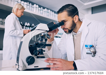 Scientist man, microscope analysis and lab for medical research, molecules or particles of bacteria at pharma job. Science team, people and vision for studying virus with pharmaceutical innovation 137417684