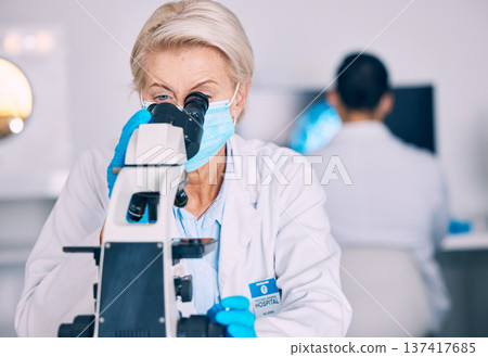 Microscope, senior woman and lab research with science work for a pharmaceutical or medical study. Chemistry, biometric and molecule analytics equipment for particles investigation in a hospital 137417685