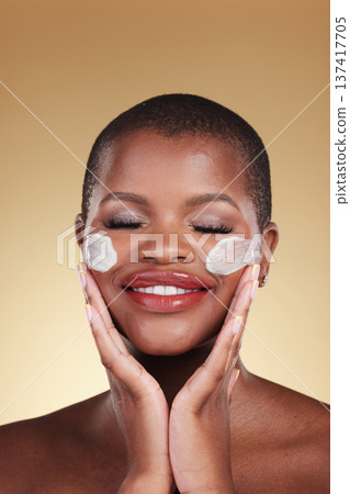 Skincare, smile and black woman with face cream in studio for makeup removal and wellness on brown background. Facial, cleaning and African model with moisturizer, exfoliate or beauty skin scrub 137417705