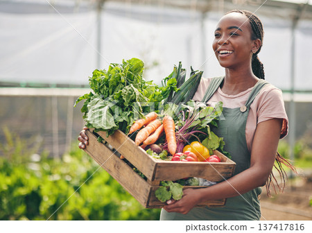 Woman, farming and vegetables in greenhouse for agriculture, supply chain or business with green product in basket. Happy African farmer or supplier with gardening for NGO, nonprofit or food security 137417816