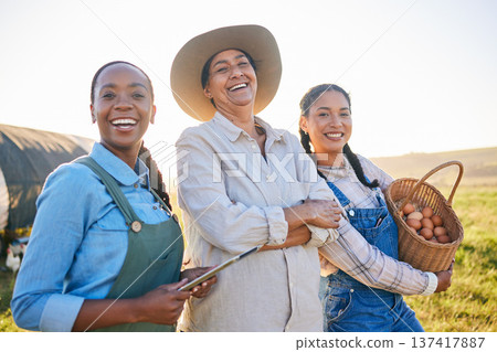 Chicken farm, women portrait and happy with farmer web management and egg collect. Agriculture, diversity and female group with small business in countryside with eco friendly work and success Chicken farm, women portrait and happy with farmer web management and egg collect. Agriculture, diversity and female group with small business in countryside with eco friendly work and success 137417887