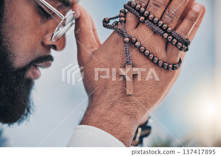 Rosary, man and hands with praying beads, religion and christian respect with gratitude and support. Help, praise or holy spirit healing of a male person with spiritual necklace, prayer and cross Rosary, man and hands with praying beads, religion and christian respect with gratitude and support. Help, praise or holy spirit healing of a male person with spiritual necklace, prayer and cross 137417895