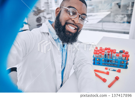 Scientist, selfie and man with blood research and happy from medical and healthcare work. African male doctor, portrait and profile picture for social media and chemistry test in a science laboratory 137417896