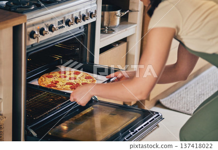 Hands, open oven and pizza baker for food, restaurant and fast food with skill in home kitchen for baker in Naples. Chef woman, dough and pepperoni pie for cuisine, culture and preparation process 137418022
