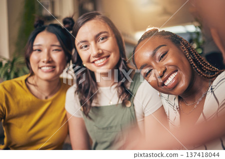 Diversity, friends and happy with women and selfie for social media, relax and post. Smile, happiness and profile picture with portrait of people at home for content creator and influencer together Diversity, friends and happy with women and selfie for social media, relax and post. Smile, happiness and profile picture with portrait of people at home for content creator and influencer together 137418044
