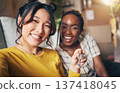 Couple of friends, keys and new home selfie for moving in together for real estate investment. Rent, mortgage and loan of women with smile for social media portrait at apartment or house with partner 137418045