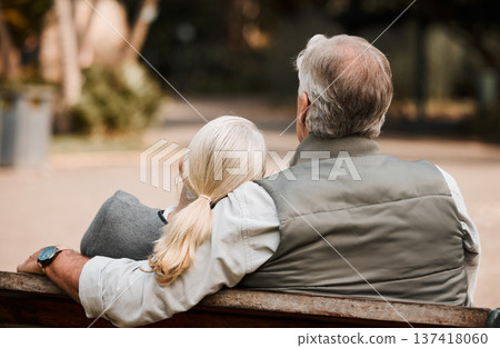 Love, park bench and back of relax couple bonding, care and enjoy time together, nature view and forest freedom. Natural wellness, marriage and outdoor people support, care and on romantic woods date 137418060