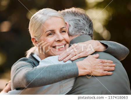 Old woman, face and senior happy couple hug, care and enjoy quality time together, bond and connect in nature park. Support, love and outdoor man, retirement wife or marriage people embrace on date 137418063