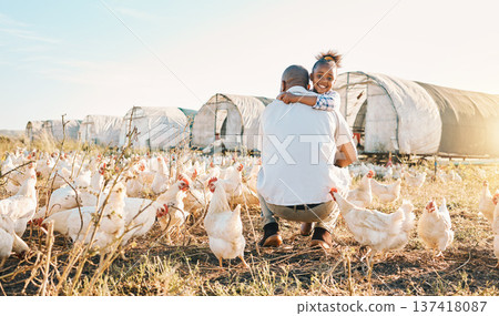 Chicken, farming and black family hug with birds outdoor for sustainability and agriculture. Dad, child and working together on farm field and countryside with support and care for animal livestock 137418087