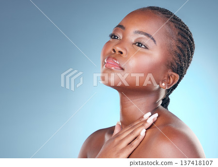 Black woman, skin care and thinking of beauty with dermatology, natural makeup and manicure. Face of African person on blue background with cosmetics and facial glow with touch and space in studio Black woman, skin care and thinking of beauty with dermatology, natural makeup and manicure. Face of African person on blue background with cosmetics and facial glow with touch and space in studio 137418107