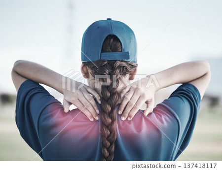 Spine injury, sports person and back pain from baseball player mistake, inflammation or fitness risk. First aid problem, match accident and athlete with fibromyalgia, backache strain or body burnout Spine injury, sports person and back pain from baseball player mistake, inflammation or fitness risk. First aid problem, match accident and athlete with fibromyalgia, backache strain or body burnout 137418117