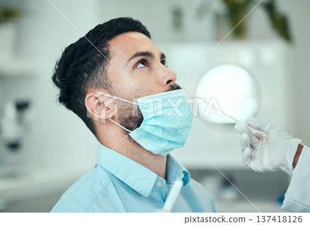 Medical, pcr and research with man and doctor for vaccine, science and dna test. Pharmacy, medicine and healthcare consulting with patient and cotton swab for virus, pathology exam and diagnosis 137418126