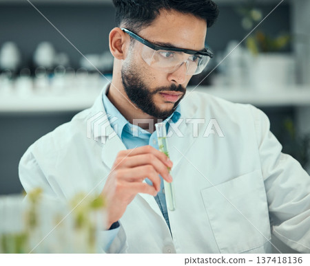 Science, test tube plant and man research natural product, biotechnology or botany drugs innovation. Lab investigation, pharmacy trial process and male scientist inspection of organic biochemistry Science, test tube plant and man research natural product, biotechnology or botany drugs innovation. Lab investigation, pharmacy trial process and male scientist inspection of organic biochemistry 137418136