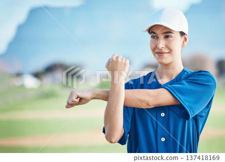 Outdoor, fitness and woman stretching, thinking and player training, uniform and warm up for workout. Person, field and athlete stretch arms, health and exercise for wellness, sports and game Outdoor, fitness and woman stretching, thinking and player training, uniform and warm up for workout. Person, field and athlete stretch arms, health and exercise for wellness, sports and game 137418169
