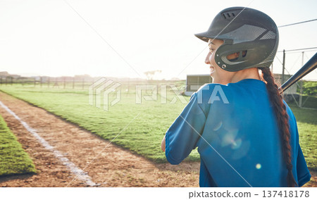 Baseball, bat and a woman outdoor on a pitch for sports, performance and competition. Professional athlete or softball player happy for a game, training or exercise banner or space at a stadium Baseball, bat and a woman outdoor on a pitch for sports, performance and competition. Professional athlete or softball player happy for a game, training or exercise banner or space at a stadium 137418178