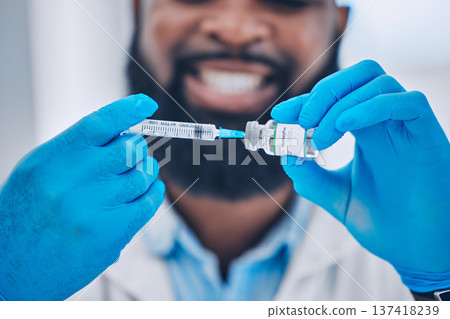 Happy man, doctor and hands with syringe for vaccine, injection or flu shot in healthcare at hospital. Closeup of male person or medical expert with needle, vial or monkey pox vaccination at clinic 137418239