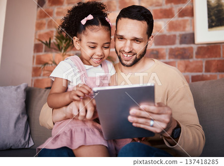 Child, dad and tablet for learning on sofa in family home or reading online, playing a game or technology for education. Father, kid and mobile app to teach or streaming cartoon and watching tv Child, dad and tablet for learning on sofa in family home or reading online, playing a game or technology for education. Father, kid and mobile app to teach or streaming cartoon and watching tv 137418285