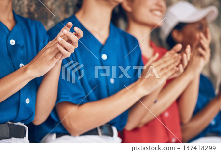 Sports hands, applause and baseball team watch game, celebrate homerun and support softball player from dugout. Success achievement, winner and closeup people clapping, congratulations and teamwork 137418299