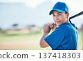 Baseball, bat and portrait of a woman outdoor on a pitch for sports, performance and competition. Professional athlete or softball player with mockup, space and ready for game, training or exercise 137418303