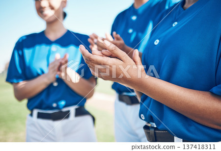 Baseball team hands, sports and celebration applause for congratulations, match winner or competition support. Player achievement, wow success and group of people clapping, praise and teamwork goals 137418311