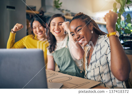 Women group, celebration and laptop for protest, poster or fist in air for power, goals and home together. Girl friends, cardboard sign and yes with billboard for justice, human rights or achievement 137418372