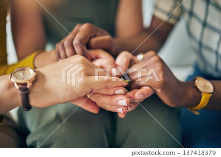 Holding hands, circle and support, trust and prayer, solidarity and hope, empathy or care of community in religion. Comfort, worship and group of people in therapy, counselling and psychology meeting 137418379