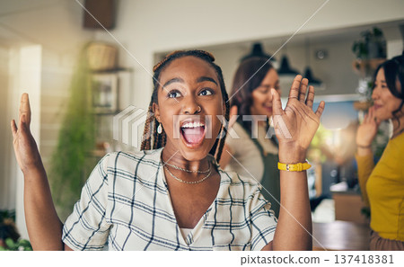 Friends, excited and black woman in home dance for relaxing, having fun and bonding together. Relax, happy and group of people in living room listening to music, audio and song for freedom and energy 137418381