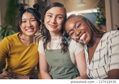 Smile, diversity and friends with portrait of women in living room for support, relax and happy. Social, care and happiness with group of people on sofa at home for hug, bonding and peace together 137418436