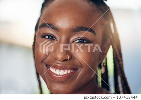 Smile, face and portrait of a young black woman with makeup, happiness and positive attitude. Closeup of a person with freedom, motivation and confidence to relax at home in Africa 137418444