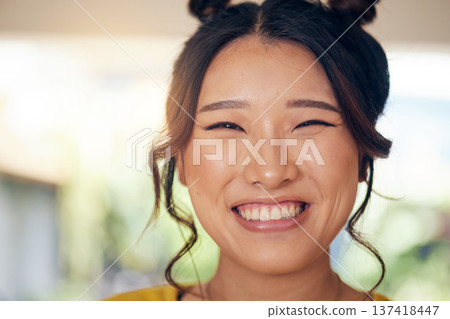 Asian, woman and portrait with a big smile in home with cool gen z person in kitchen, living room or apartment with happiness. Excited, face and girl with confident, pride and natural beauty in house 137418447