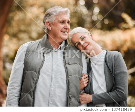 Relax, love and hug with old couple in nature for bonding, happy and support. Smile, happiness and retirement with senior man and woman walking in countryside park for vacation and commitment 137418459