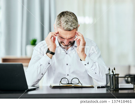 Stress, anxiety and headache with a business man in the office, working on a laptop for his report deadline. Burnout, mental health and tax manager overwhelmed by a bankruptcy or financial crisis Stress, anxiety and headache with a business man in the office, working on a laptop for his report deadline. Burnout, mental health and tax manager overwhelmed by a bankruptcy or financial crisis 137418461