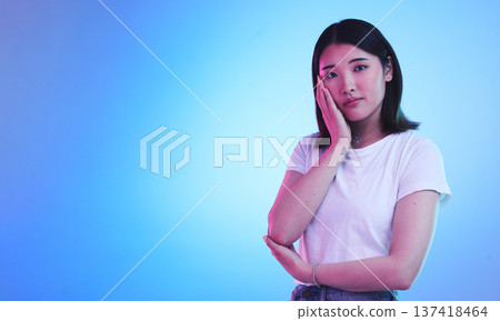 Mockup, neon and portrait of Asian woman in studio for information, promotion and deal on blue background. Creative lighting, marketing and isolated person with space for news, announcement and sale Mockup, neon and portrait of Asian woman in studio for information, promotion and deal on blue background. Creative lighting, marketing and isolated person with space for news, announcement and sale 137418464