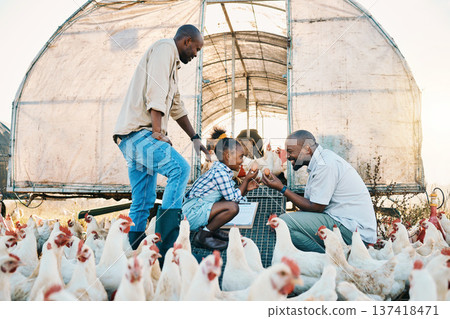 Farm, chicken and lgbtq parents with girl with egg in countryside for learning, agriculture and vacation. Family, sustainable farming and gay fathers with kid for bonding, relax and fun with animals Farm, chicken and lgbtq parents with girl with egg in countryside for learning, agriculture and vacation. Family, sustainable farming and gay fathers with kid for bonding, relax and fun with animals 137418471