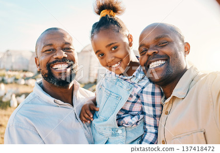 Farm, lgbtq and portrait of fathers with girl in countryside for holiday, adventure and family vacation. Travel, sustainable farming and African parents with kid for bonding, relax and fun in nature Farm, lgbtq and portrait of fathers with girl in countryside for holiday, adventure and family vacation. Travel, sustainable farming and African parents with kid for bonding, relax and fun in nature 137418472