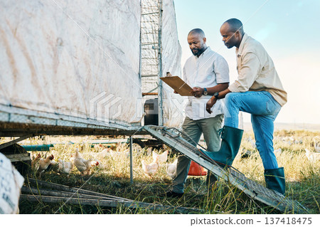 Farmer, clipboard and agriculture team planning or check harvest together to monitor Sustainability produce in a farm. Teamwork, growth and people in collaboration for organic crop information 137418475