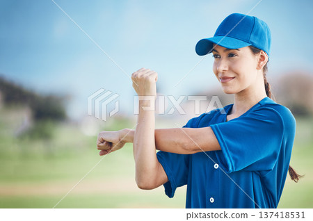 Baseball, fitness and woman stretching, game and training in uniform, exercise and health. Person, softball player and athlete stretch arms, competition and warm up for match with wellness and sports Baseball, fitness and woman stretching, game and training in uniform, exercise and health. Person, softball player and athlete stretch arms, competition and warm up for match with wellness and sports 137418531